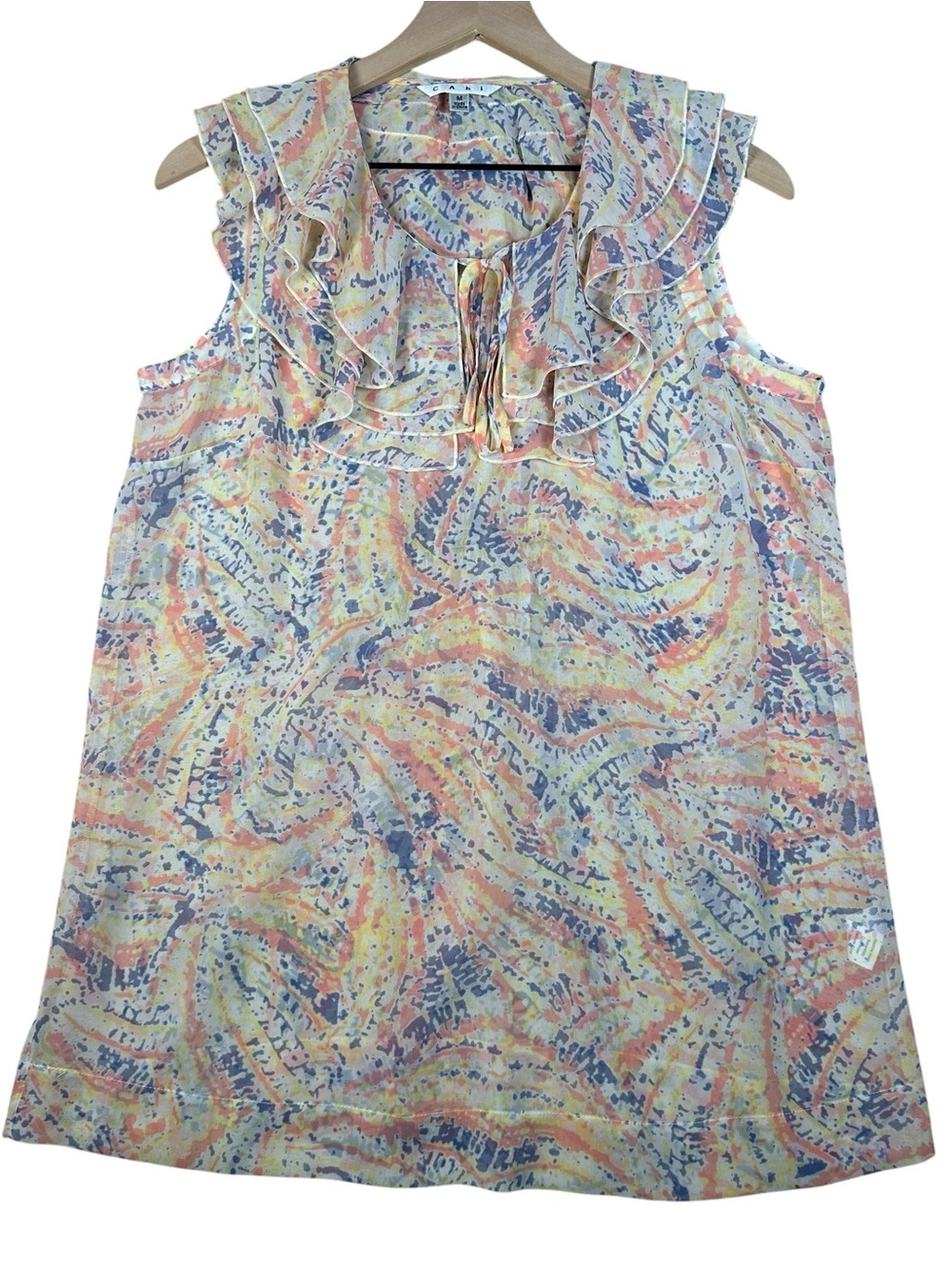 CAbi Multi Color Ruffle Tie Neck Top Blouse Style 837 Sz Medium Boho Sleeveless